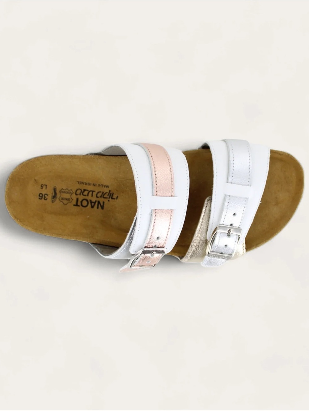 [42/US10]Naot Santa Cruz White Buckle Leather Rose Gold Two-Strap Slide